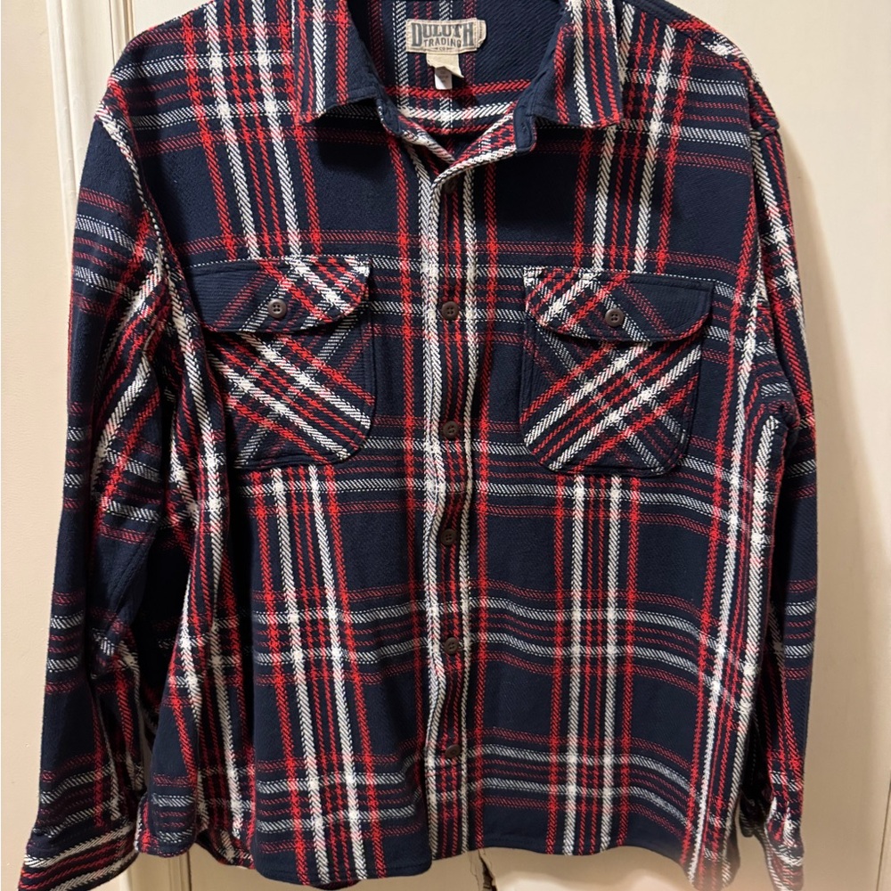 Duluth Trading Co Men's Navy and Red Checkered Shirt